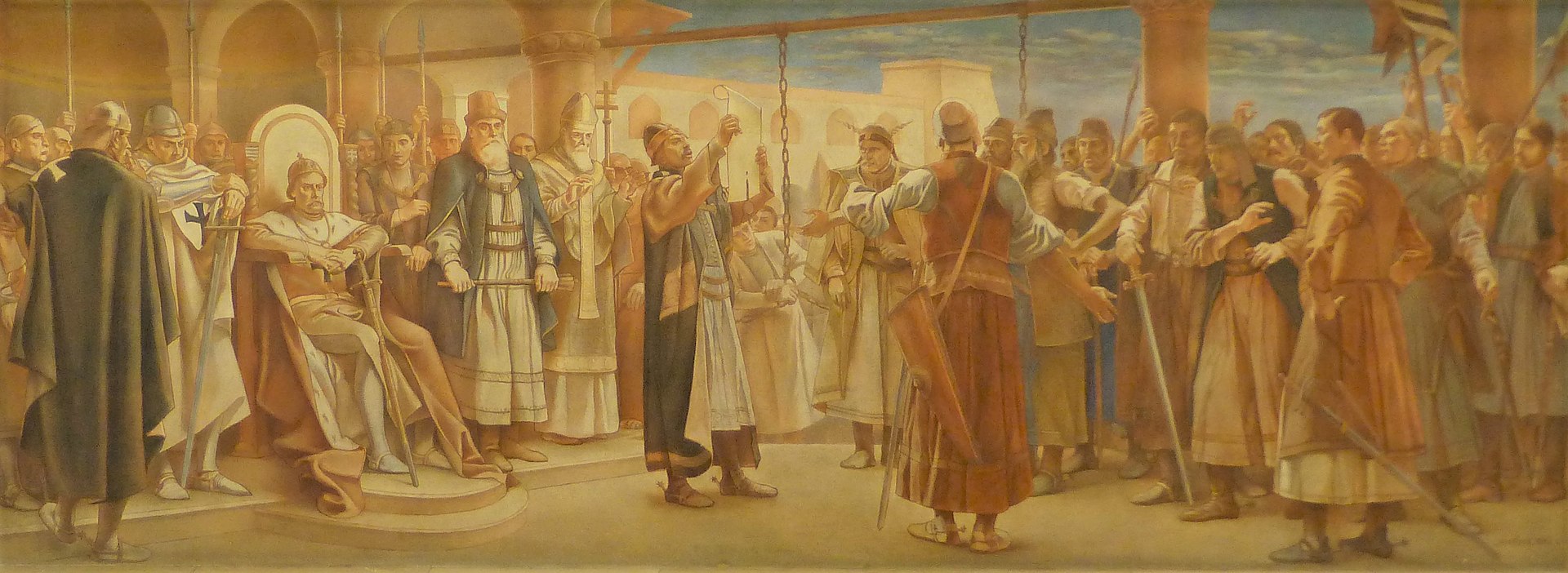 Mátyás Jantyikin maalaus Az Aranybulla kihirdetése [Kultaisen bullan julistaminen] vuodelta 1901 Unkarin entisen ylähuoneen kamarissa.*