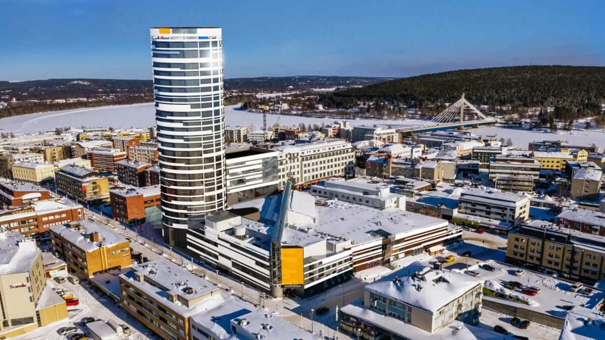 Havainnekuva Trevian Rahastot AIFM:n tornihotellista Rovaniemelle. Kuva: Arkkitehtikonttori Petri Pussinen Oy.