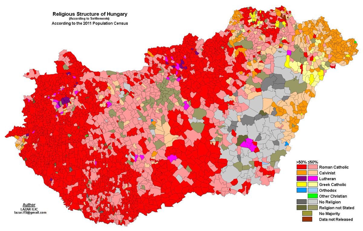 Vuoden 2011 väestönlaskennan pohjalta tehty kartta, jossa ilmenee alueiden suurin uskontokunta.